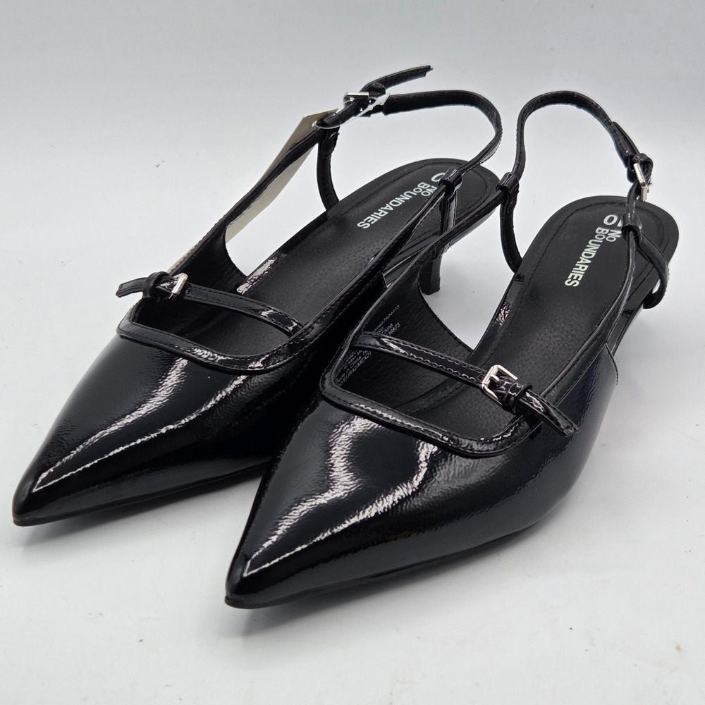 No Bo Black Patent Leather Slingback Pointed Toe Kitten Heels Straps Size 10 NEW